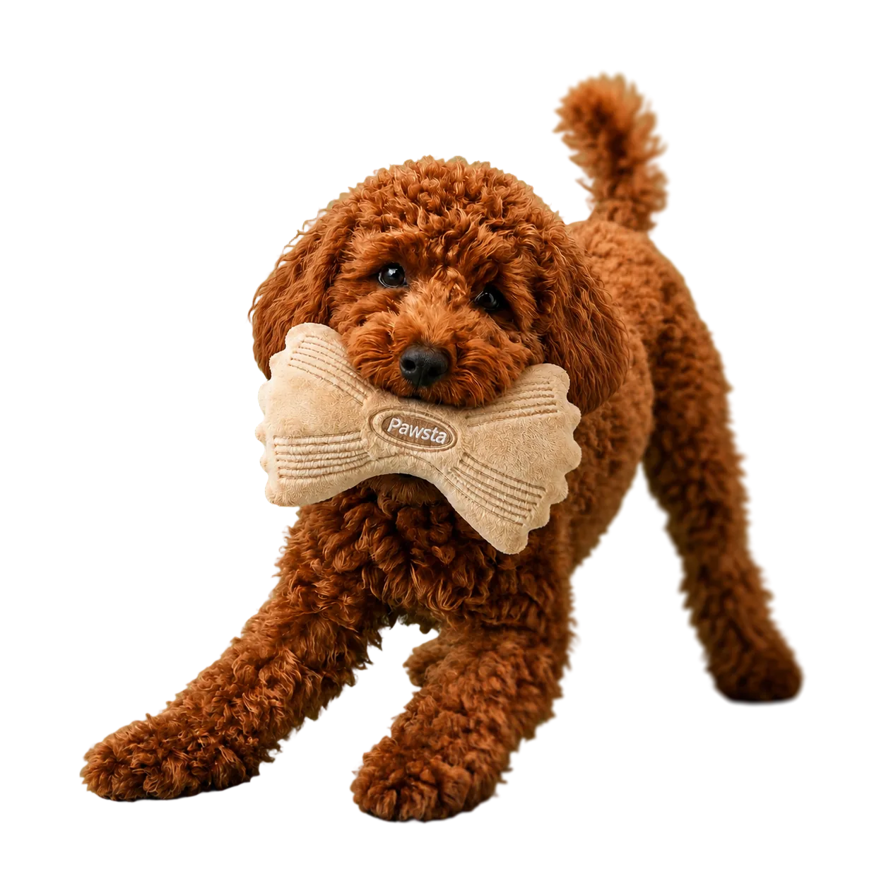 A goldendoodle puppy in a play bow, carrying the Farfalle plush in her mouth